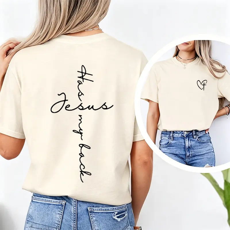 Jesus Has My Back Print T Shirt Birthday Casual Christian Shirt, Christian Merch Jesus Shirt Faith Shirt Christian Gift Teen Christian Apparel