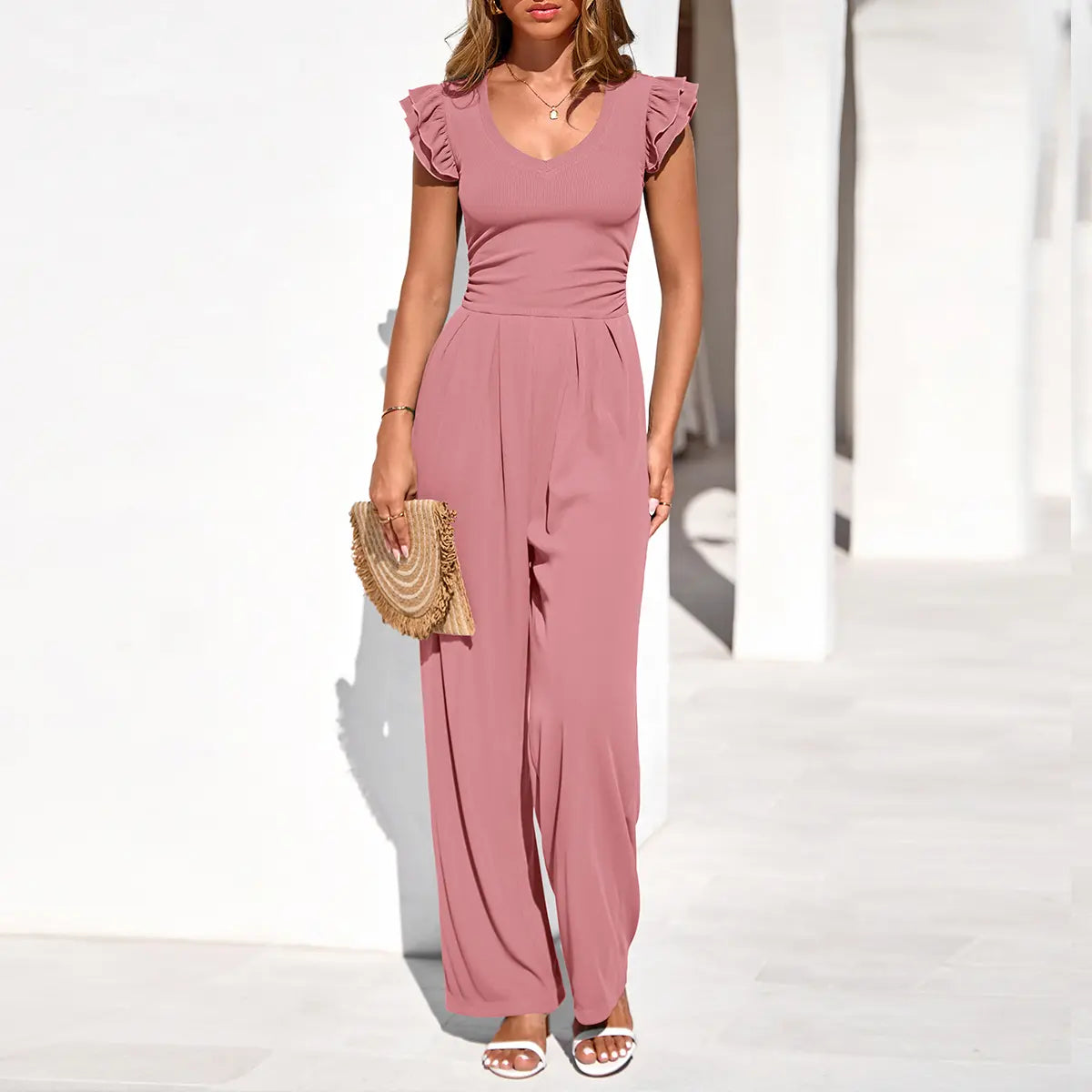 Prettygarden One Piece Jumpsuits for Women Dressy Ruffle Cap Sleeve V Neck Ribbed Knit Wide Leg Romper Casual Spring Outfits