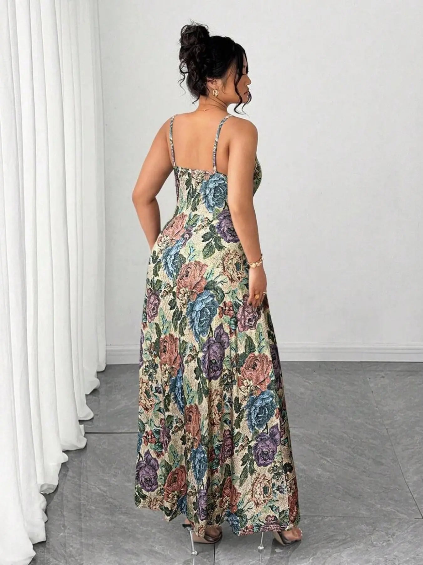 Plus Size Women'S Tropical Floral Print Maxi Dress, Thin Strap Lightweight Summer Vacation Dress, Casual Boho Style, Comfortable and Stylish