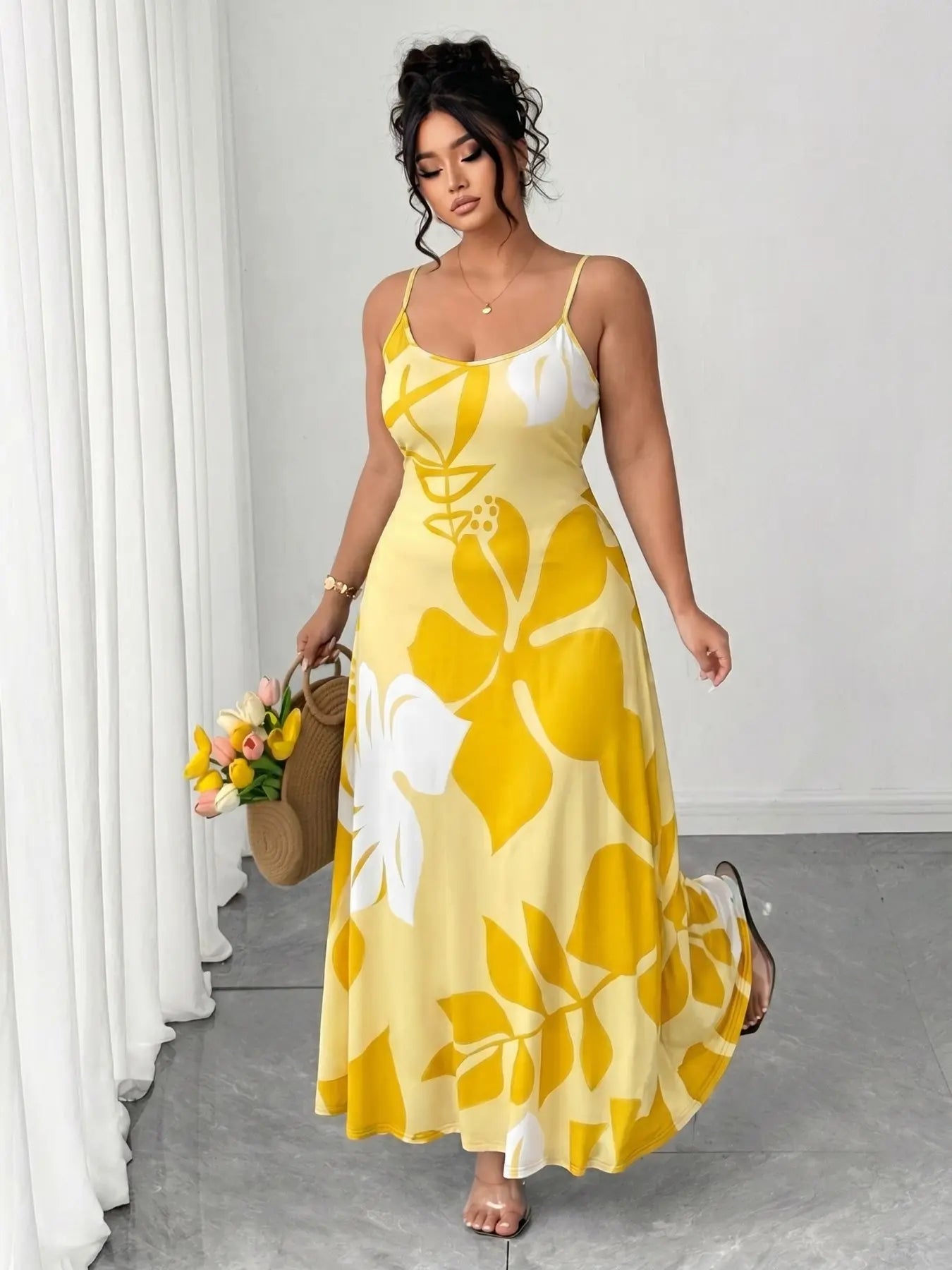 Plus Size Women'S Tropical Floral Print Maxi Dress, Thin Strap Lightweight Summer Vacation Dress, Casual Boho Style, Comfortable and Stylish