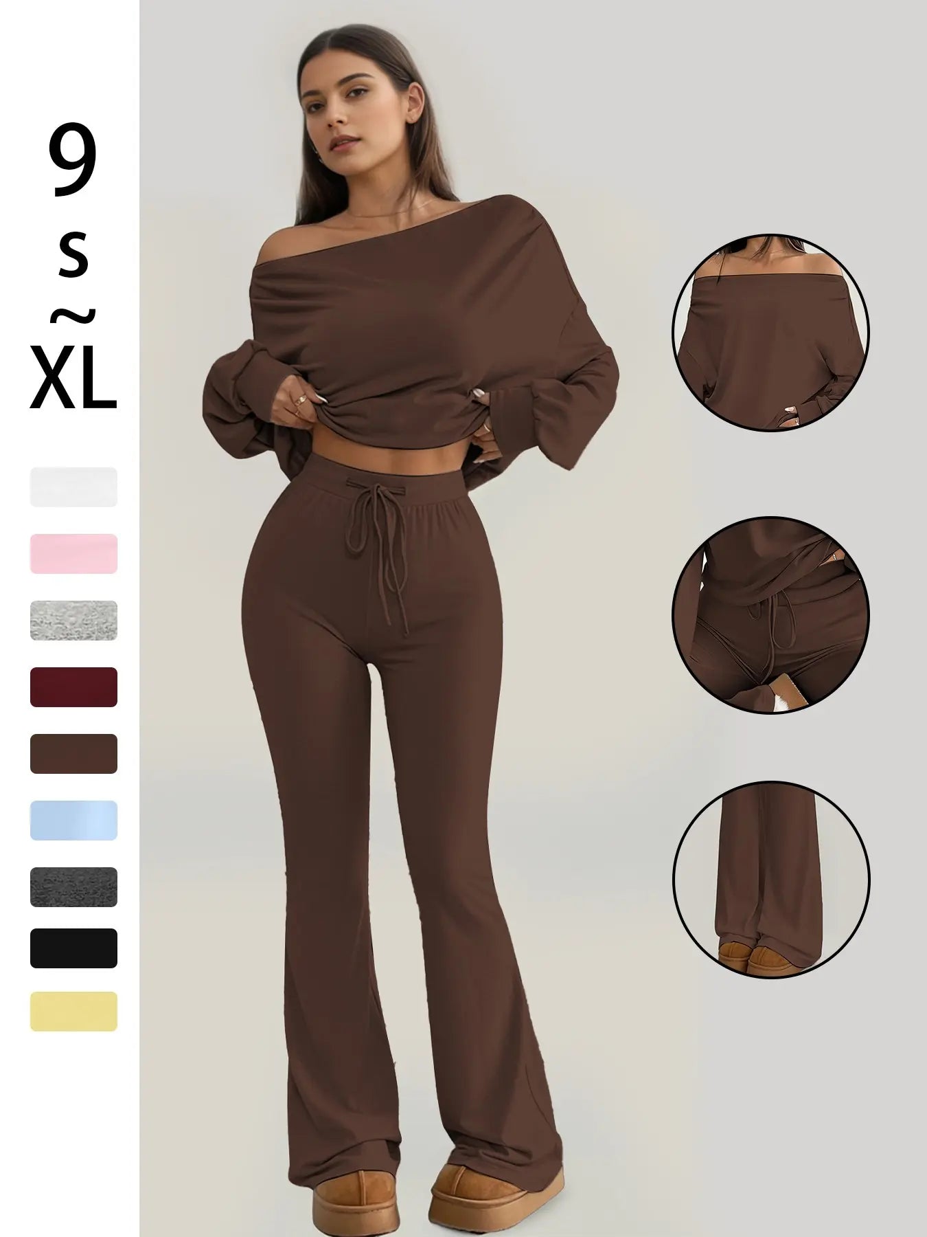 One Shoulder Long Sleeve Loose Crop Top and High Waist Drawstring Skinny Vintage Bell Pants, Yoga Fitness Workout, Sports Set, Spring & Fall Casual Style