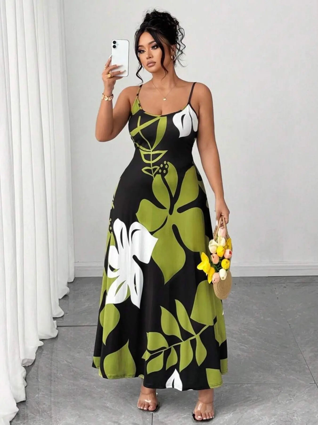 Plus Size Women'S Tropical Floral Print Maxi Dress, Thin Strap Lightweight Summer Vacation Dress, Casual Boho Style, Comfortable and Stylish