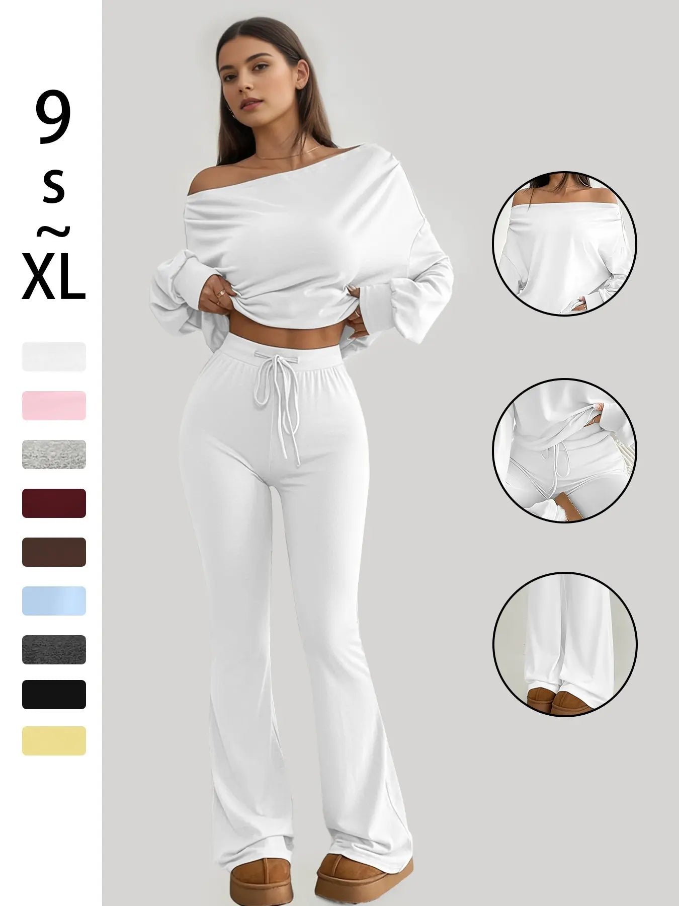 One Shoulder Long Sleeve Loose Crop Top and High Waist Drawstring Skinny Vintage Bell Pants, Yoga Fitness Workout, Sports Set, Spring & Fall Casual Style