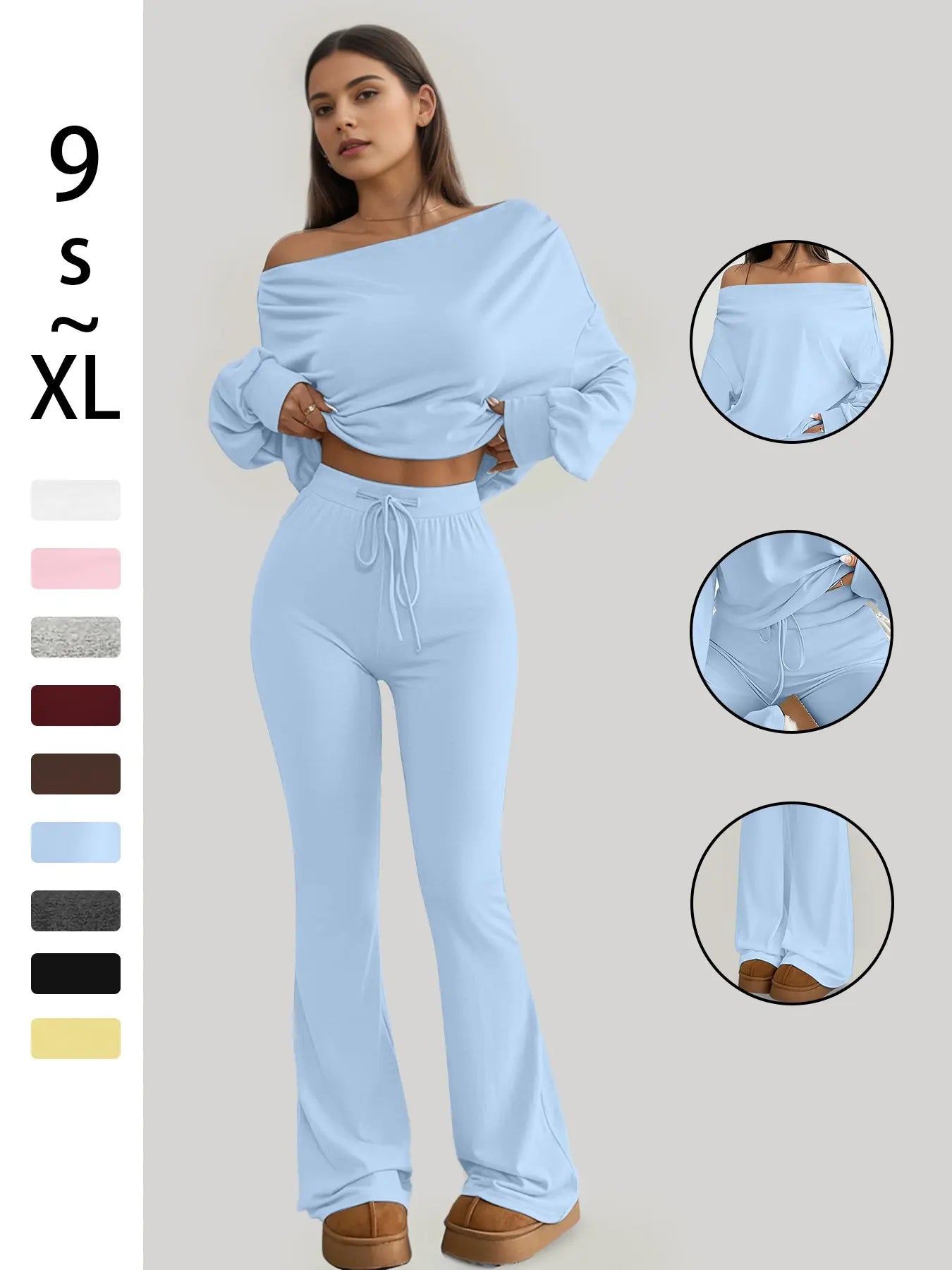 One Shoulder Long Sleeve Loose Crop Top and High Waist Drawstring Skinny Vintage Bell Pants, Yoga Fitness Workout, Sports Set, Spring & Fall Casual Style