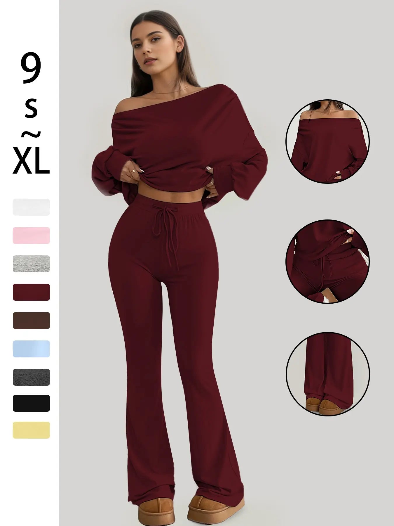 One Shoulder Long Sleeve Loose Crop Top and High Waist Drawstring Skinny Vintage Bell Pants, Yoga Fitness Workout, Sports Set, Spring & Fall Casual Style