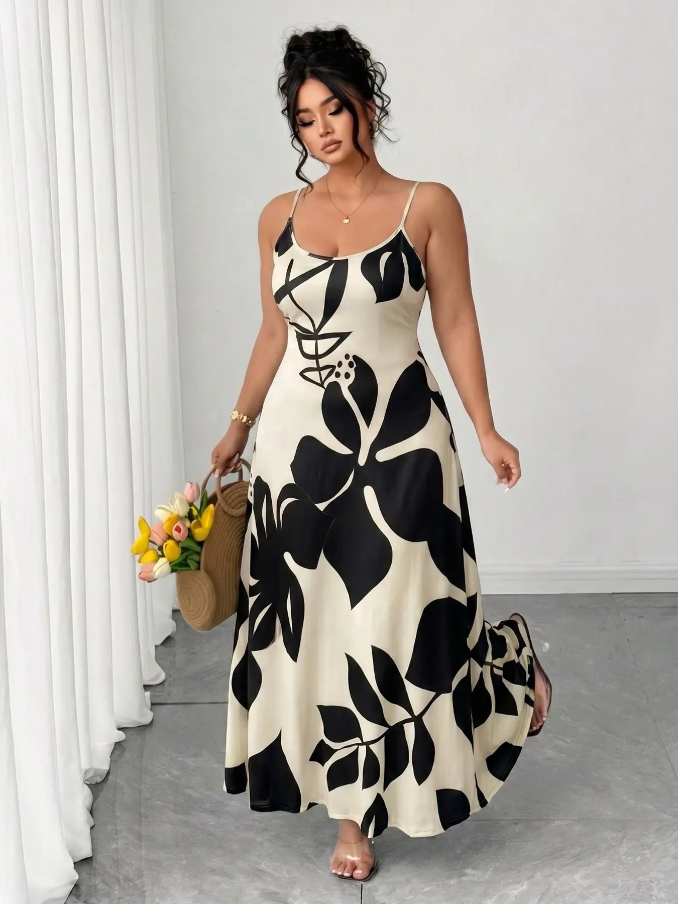 Plus Size Women'S Tropical Floral Print Maxi Dress, Thin Strap Lightweight Summer Vacation Dress, Casual Boho Style, Comfortable and Stylish