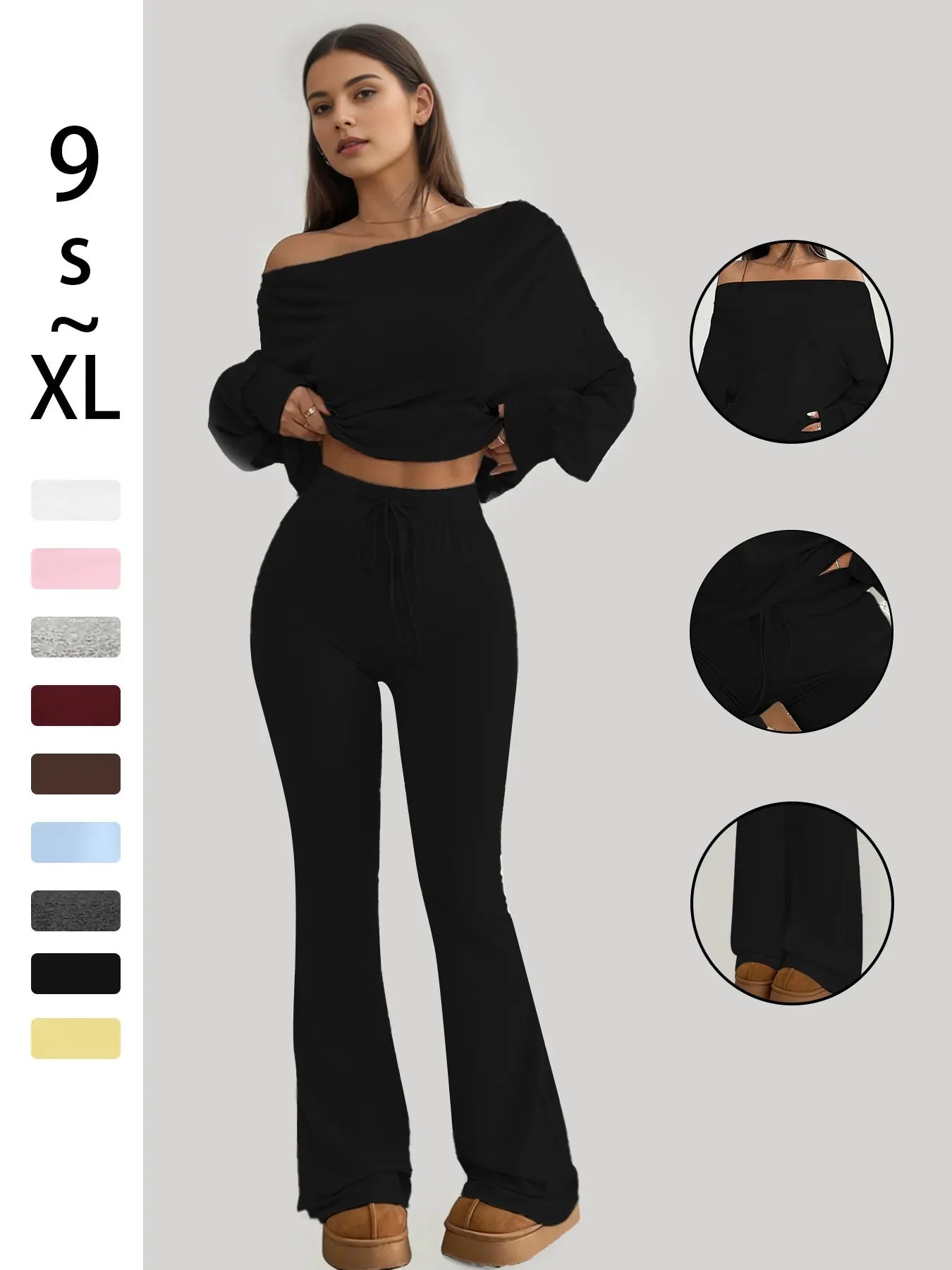 One Shoulder Long Sleeve Loose Crop Top and High Waist Drawstring Skinny Vintage Bell Pants, Yoga Fitness Workout, Sports Set, Spring & Fall Casual Style