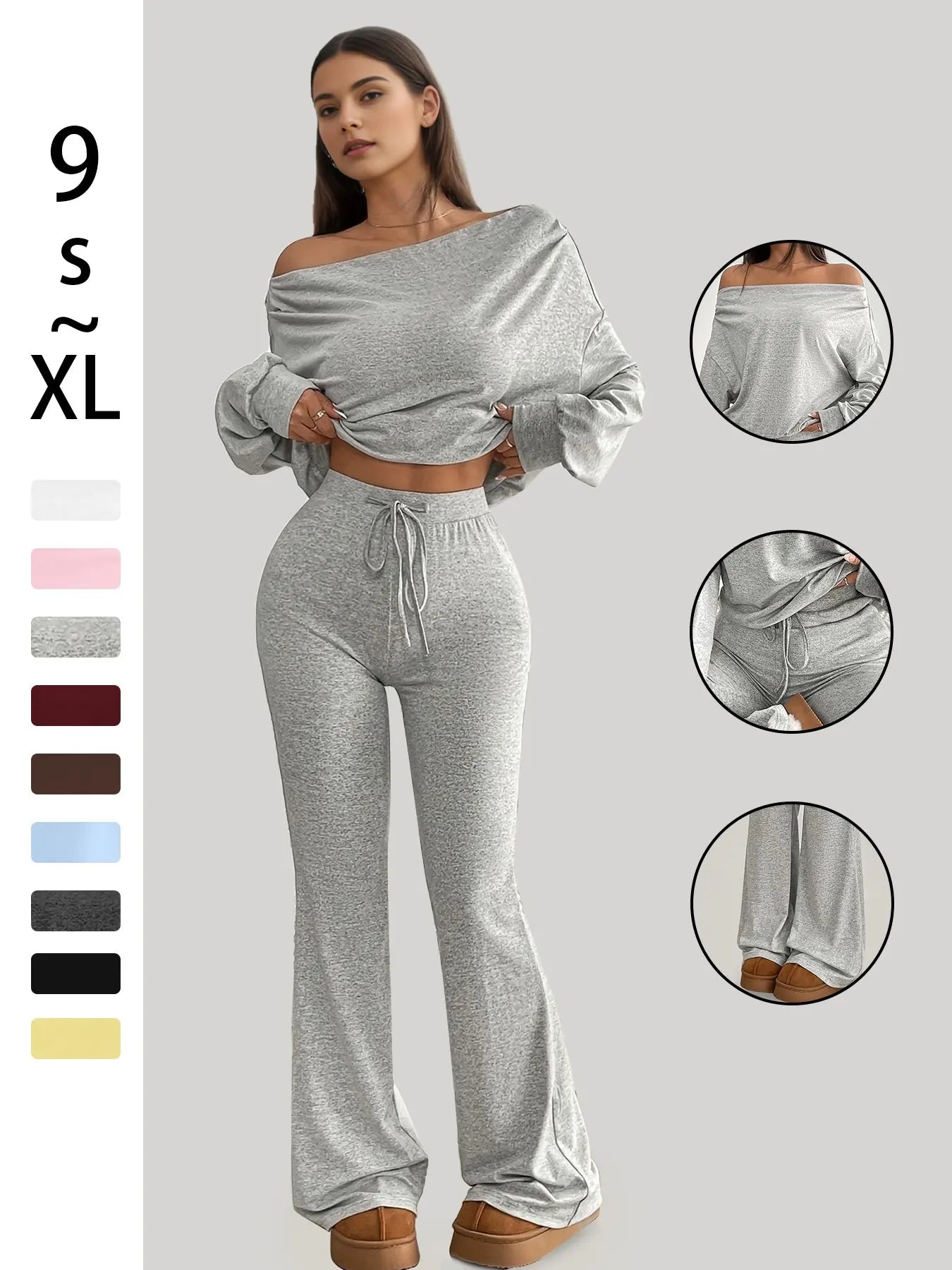 One Shoulder Long Sleeve Loose Crop Top and High Waist Drawstring Skinny Vintage Bell Pants, Yoga Fitness Workout, Sports Set, Spring & Fall Casual Style