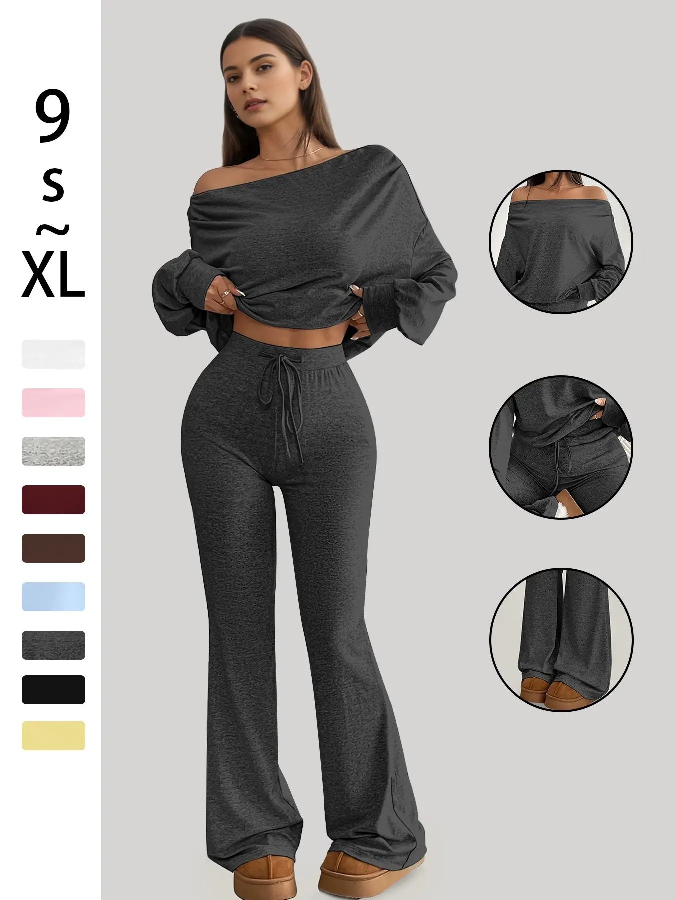 One Shoulder Long Sleeve Loose Crop Top and High Waist Drawstring Skinny Vintage Bell Pants, Yoga Fitness Workout, Sports Set, Spring & Fall Casual Style