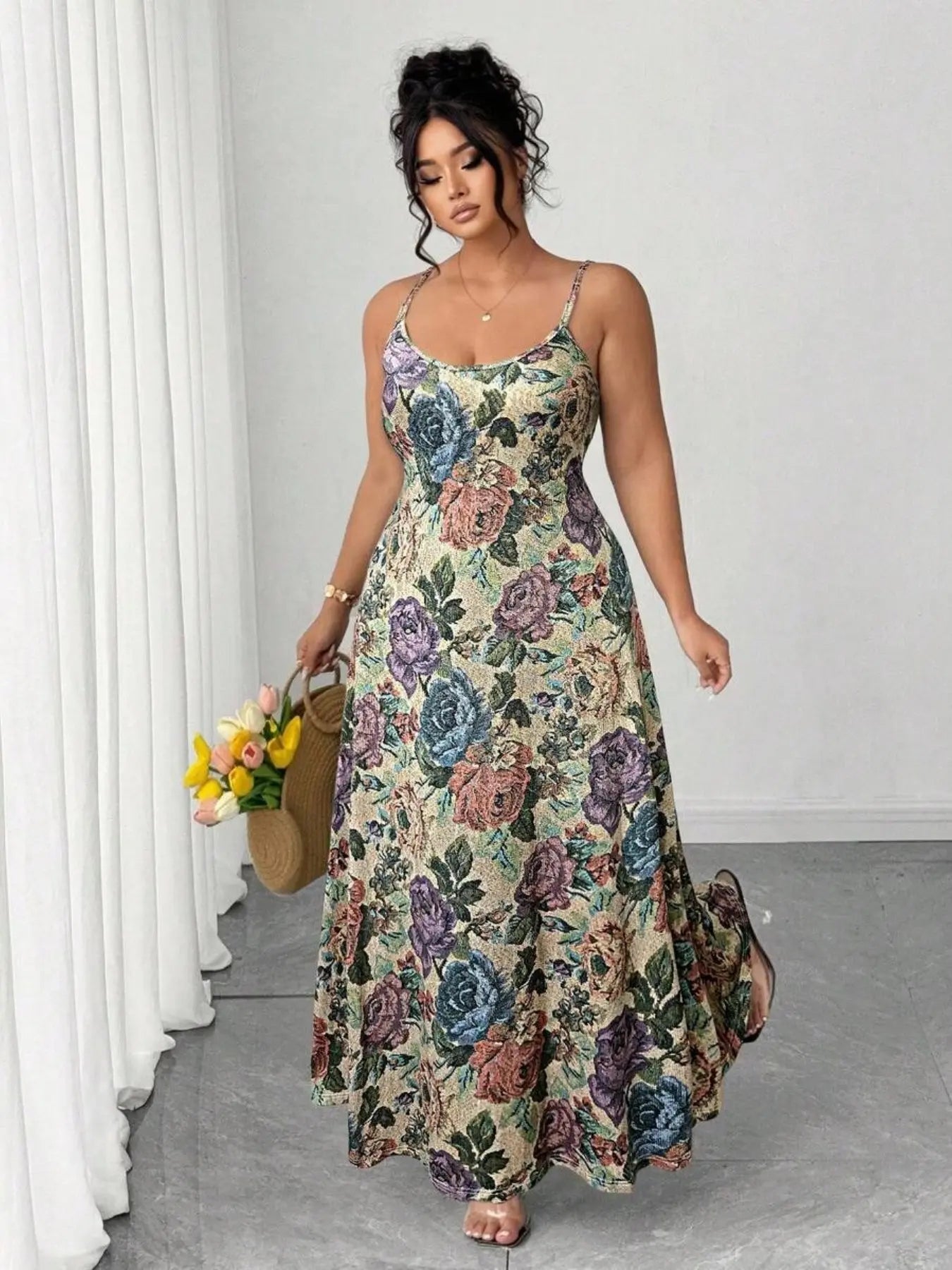 Plus Size Women'S Tropical Floral Print Maxi Dress, Thin Strap Lightweight Summer Vacation Dress, Casual Boho Style, Comfortable and Stylish