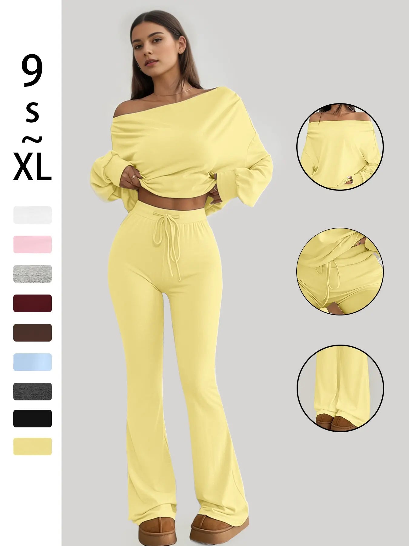 One Shoulder Long Sleeve Loose Crop Top and High Waist Drawstring Skinny Vintage Bell Pants, Yoga Fitness Workout, Sports Set, Spring & Fall Casual Style
