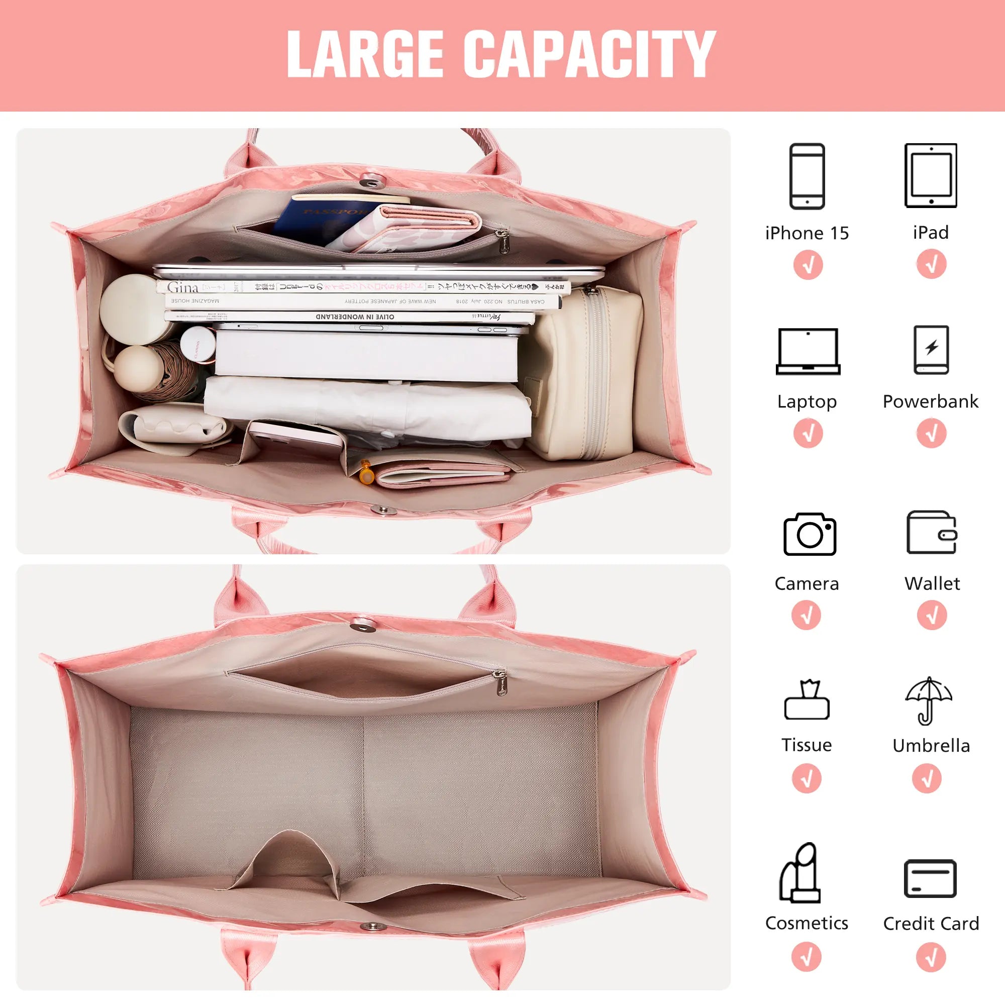 KALIDI PVC Tote Women Weekender Everything Fashion Bag Large Shopper Handbag Oversize Shoulder Travel Purse