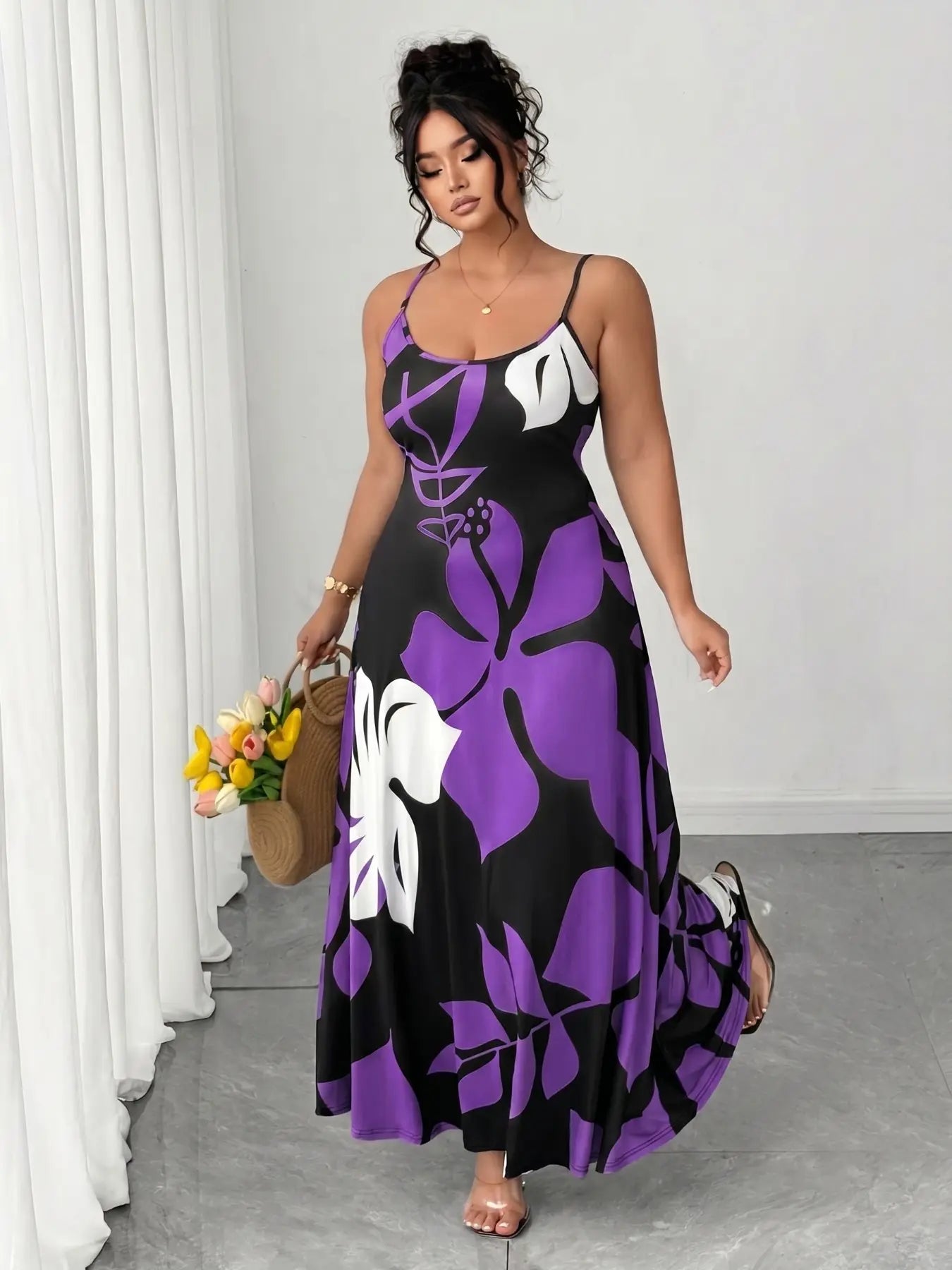 Plus Size Women'S Tropical Floral Print Maxi Dress, Thin Strap Lightweight Summer Vacation Dress, Casual Boho Style, Comfortable and Stylish